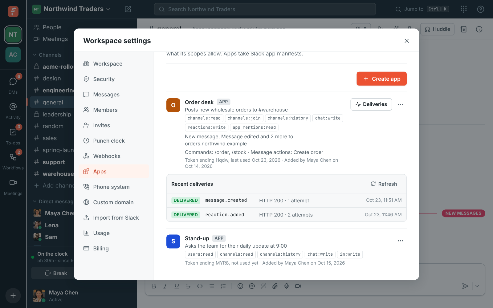 Order desk’s recent deliveries: message and reaction events, delivered