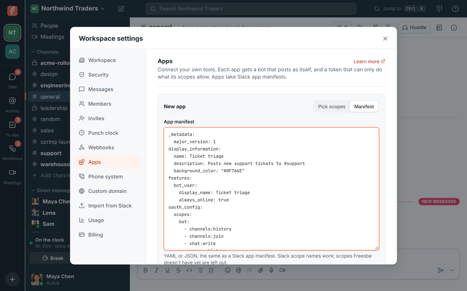 Create app with a Slack app manifest pasted in YAML