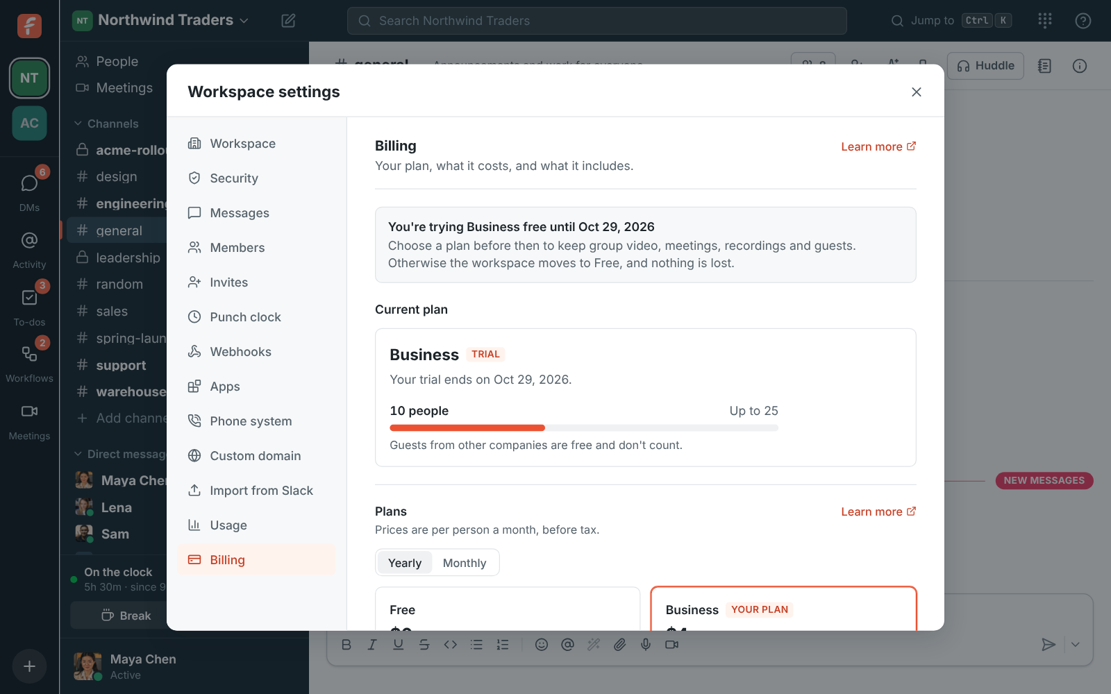 A Business trial on the Billing page: free until October 29, with the plans below to keep it