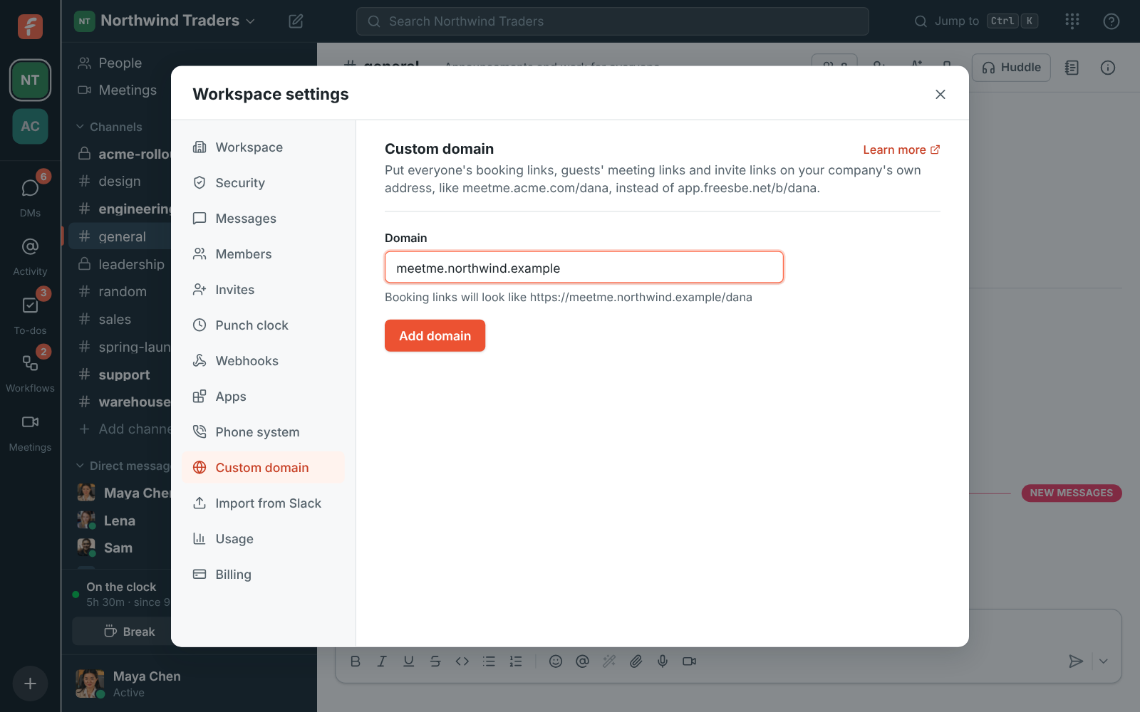 Adding a domain: meetme.northwind.example typed in, with Booking links will look like https://meetme.northwind.example/dana underneath