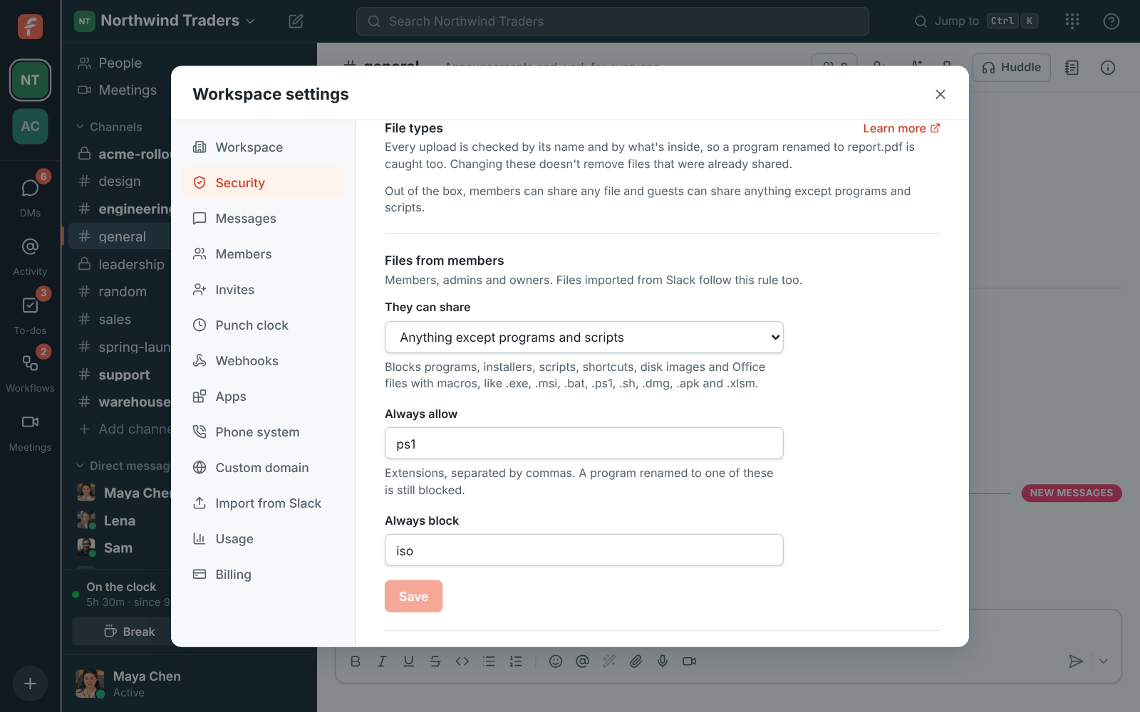Workspace settings, Security & compliance: File types for members