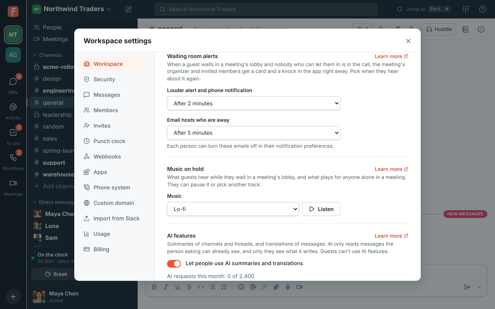 Workspace settings, Waiting room alerts: the louder alert after 2 minutes and the email after 5 minutes