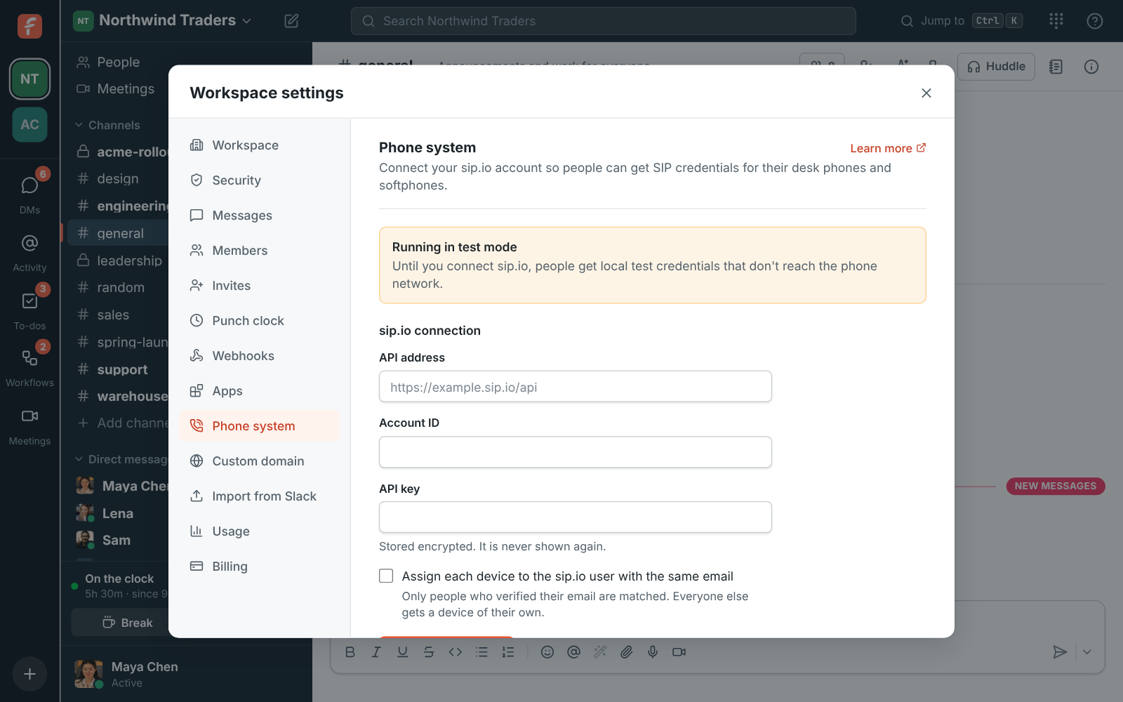 Workspace settings, Phone system: the sip.io connection