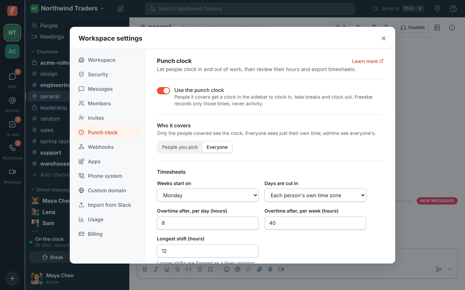 Workspace settings, Punch clock: who it covers, week start, time zone and overtime