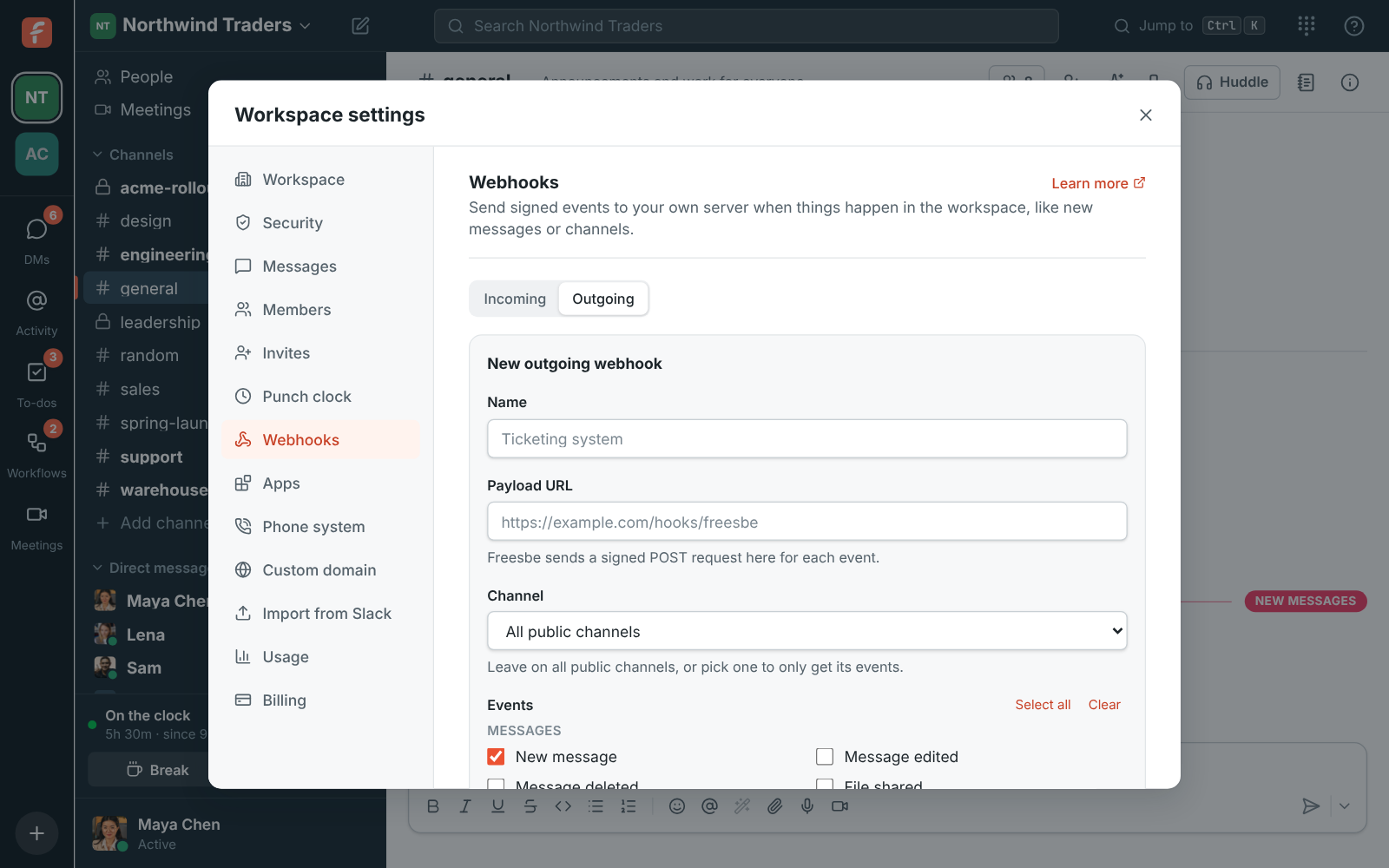 The outgoing webhook form, with its events in groups