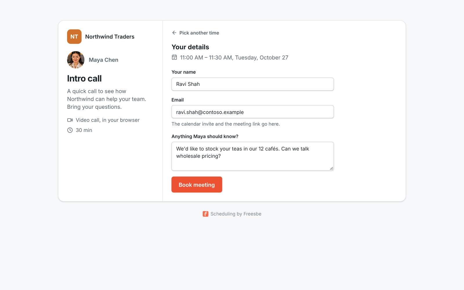 The booking form: the chosen time, the visitor’s name, email and a note, and the Book meeting button