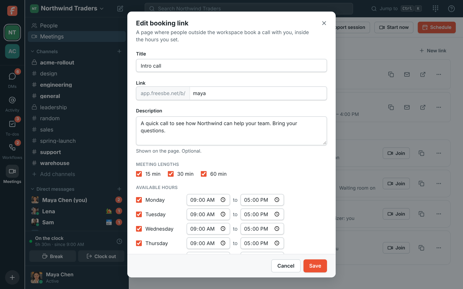 The New booking link dialog: title, link name, description, meeting lengths and available hours for each day