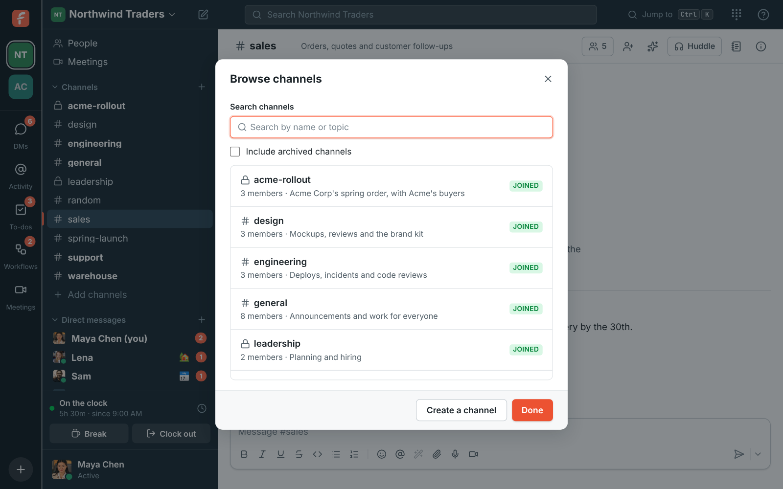 Browse channels: search by name or topic, with Joined badges and a Join button