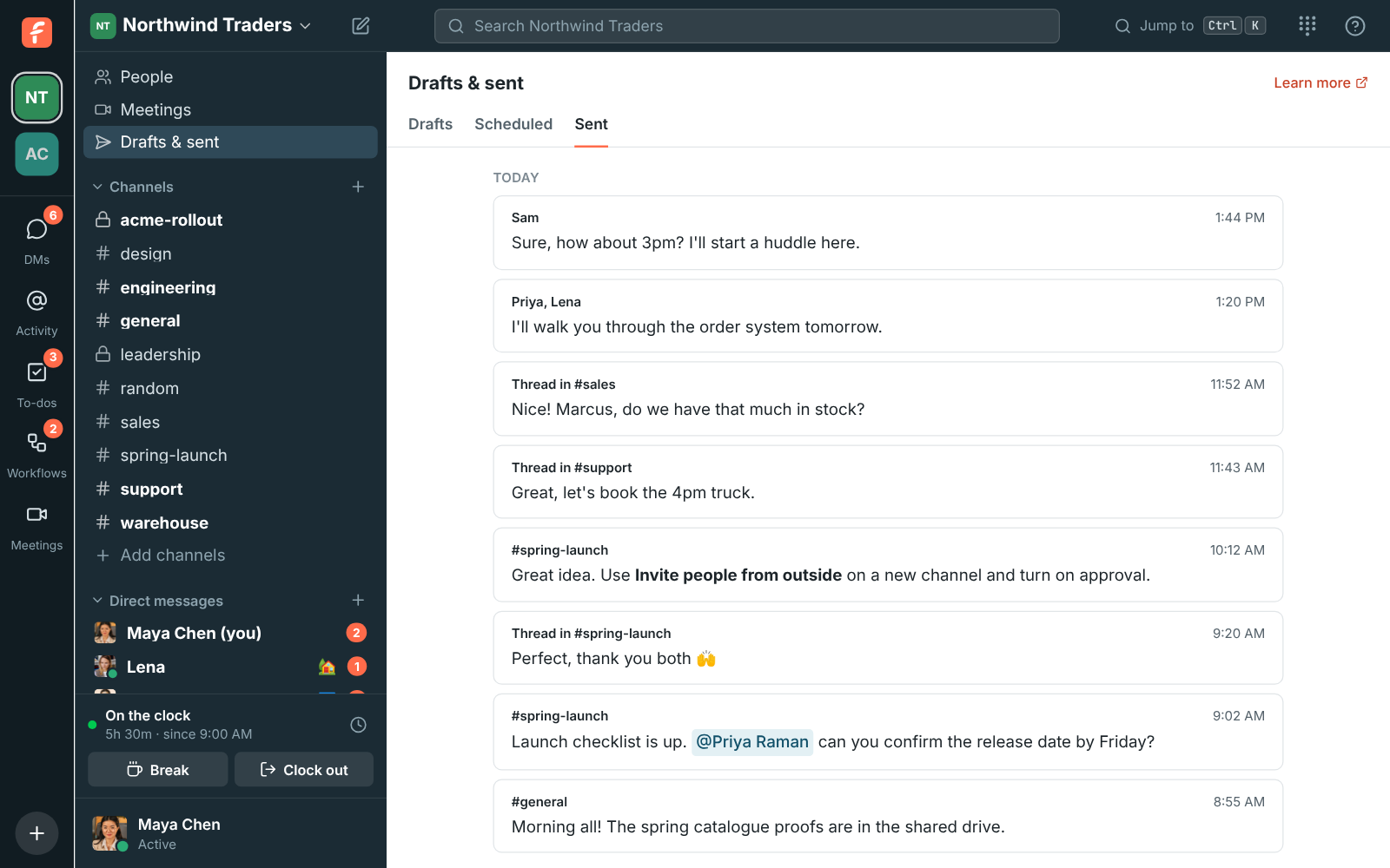 Drafts & sent on the Sent tab: today’s messages and replies in a DM with Sam, threads in #sales and #support, and #spring-launch, each with its time