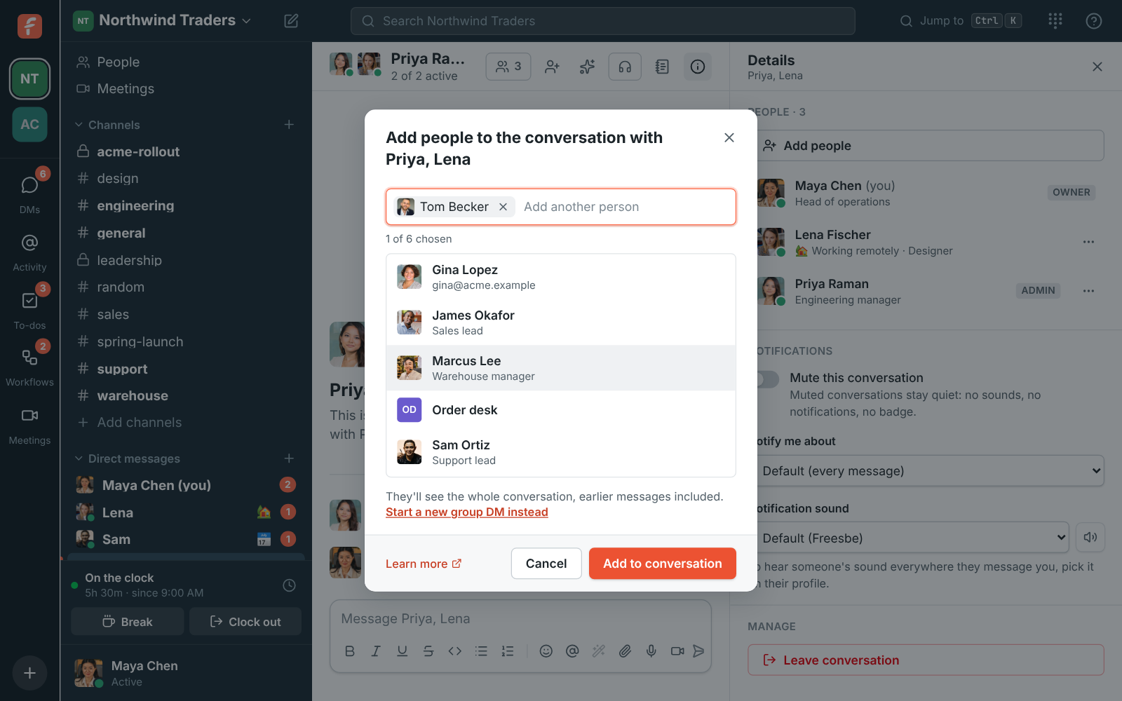 The Add people dialog for a group DM with Tom Becker picked, and a note that he’ll see earlier messages
