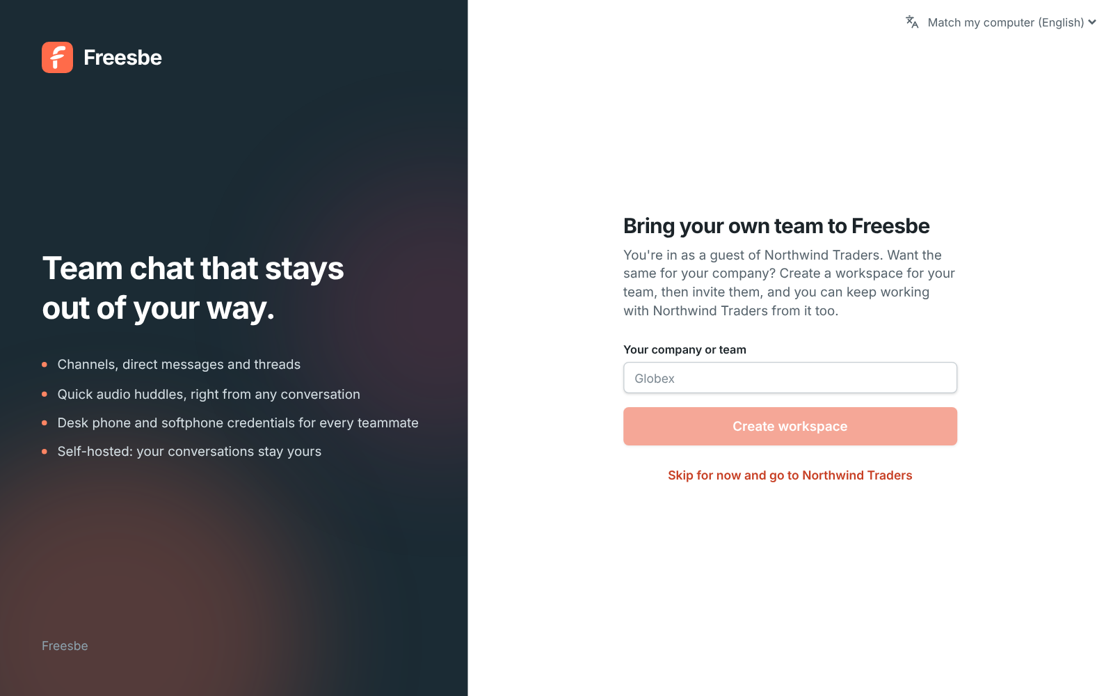 Bring your own team to Freesbe: create a workspace, or skip and go back to Acme