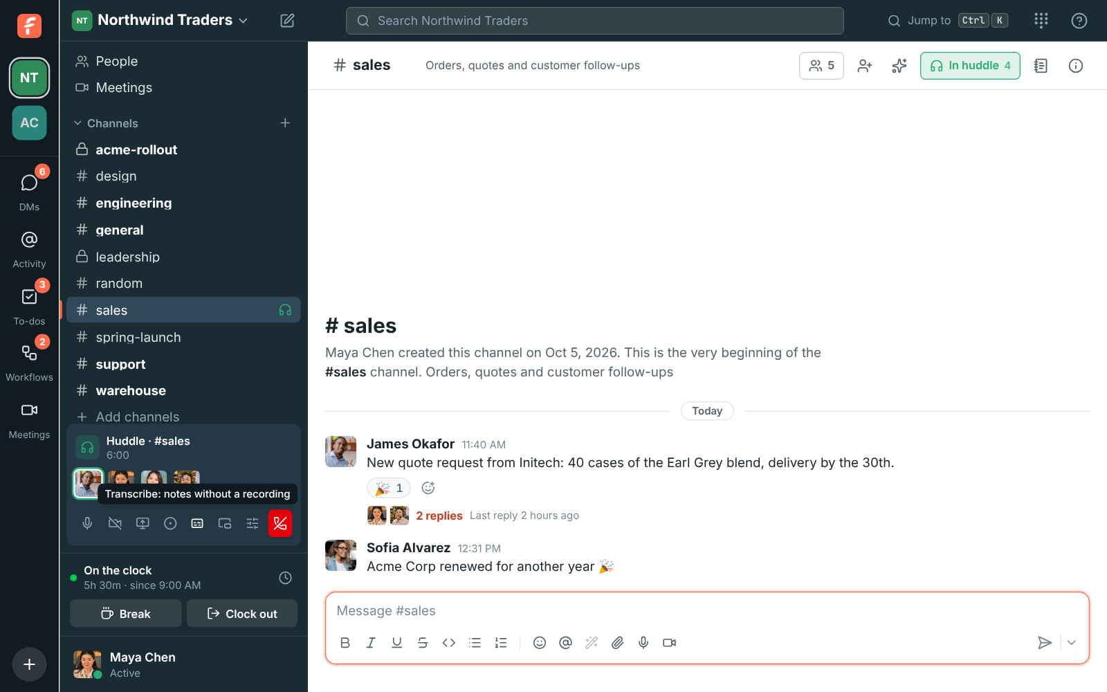 The huddle controls in #sales, with the Transcribe button’s tooltip: notes without a recording