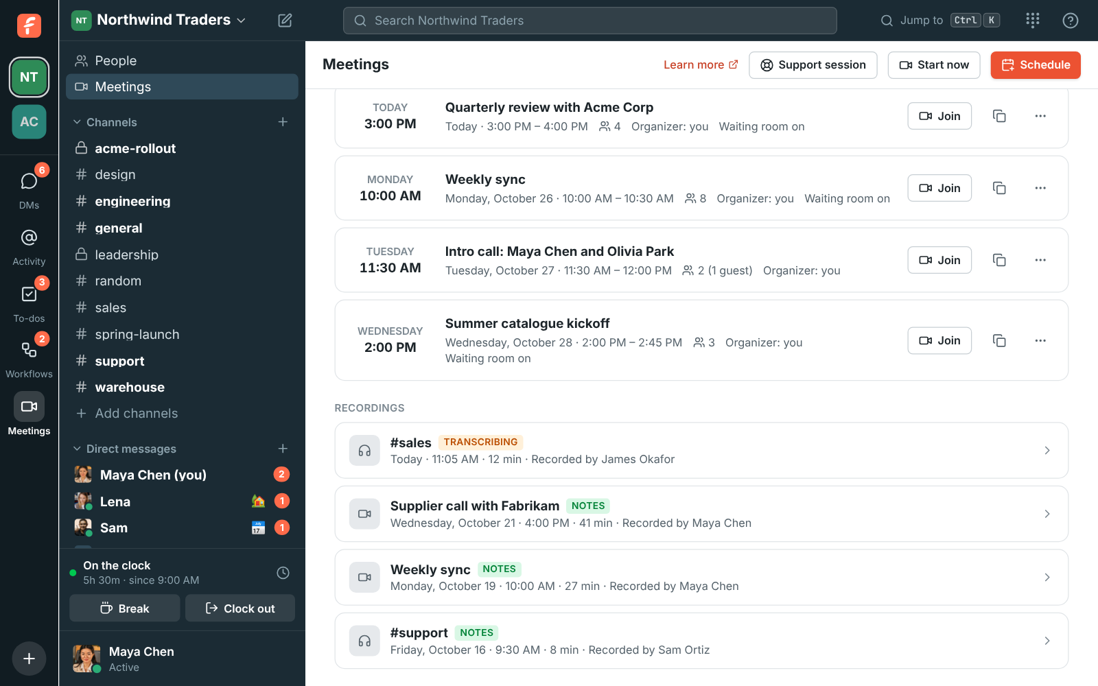 The Meetings page with a Recordings list: a #sales huddle still transcribing, and meetings and huddles with notes