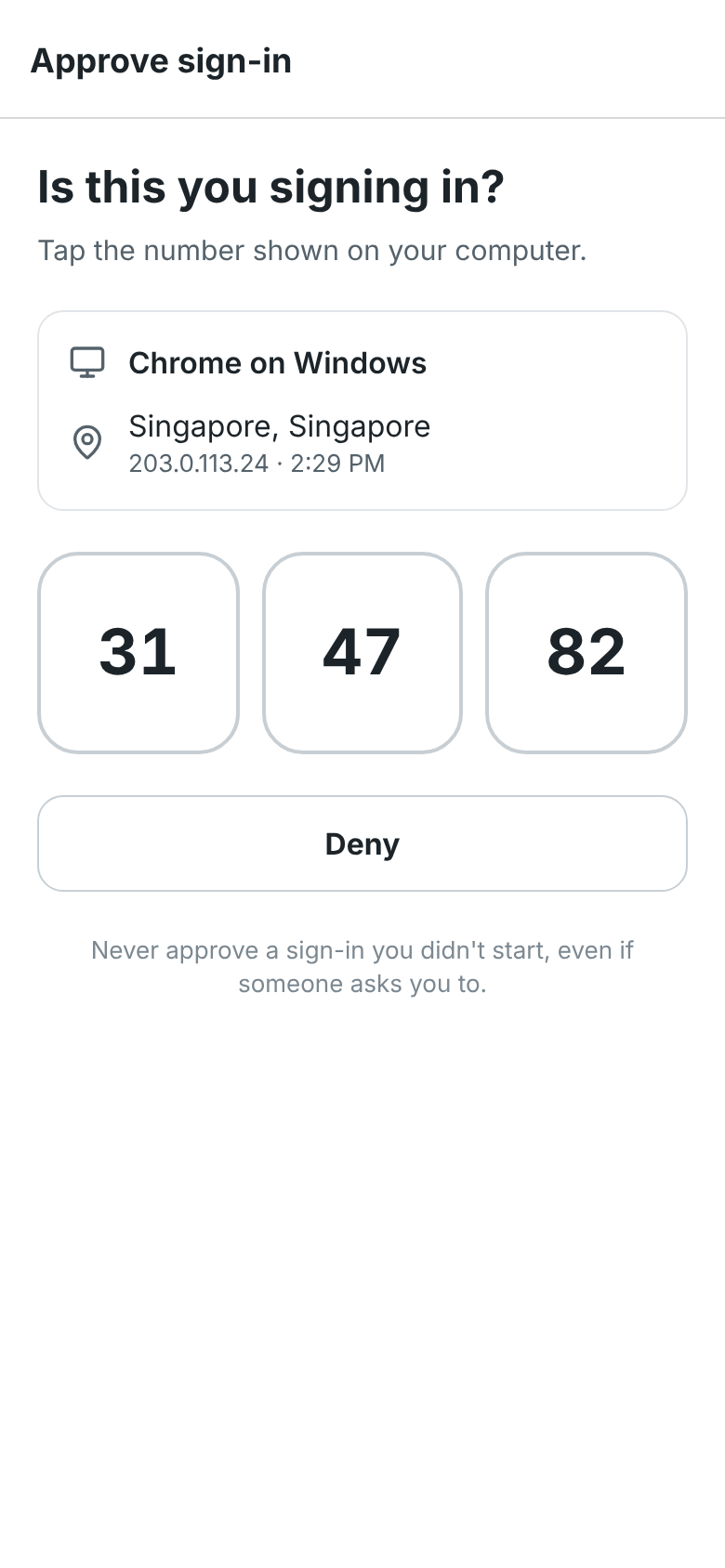 The phone asking Is this you signing in?, with Chrome on Windows in Singapore and the numbers 31, 47 and 82