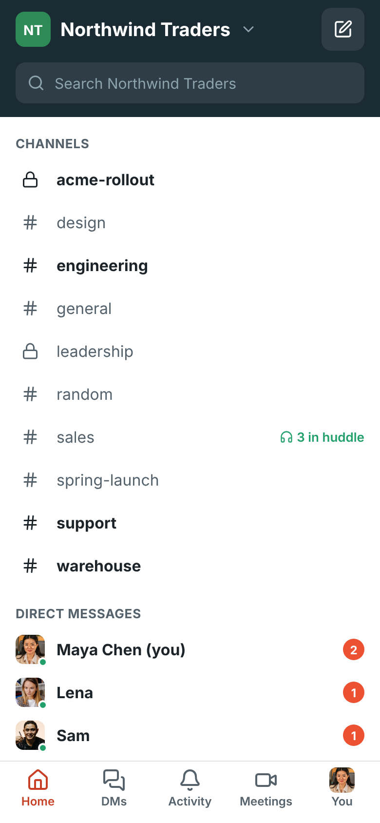 Home on a phone: the row of Catch up, Threads and Huddles tiles with their counts, above the channels and direct messages