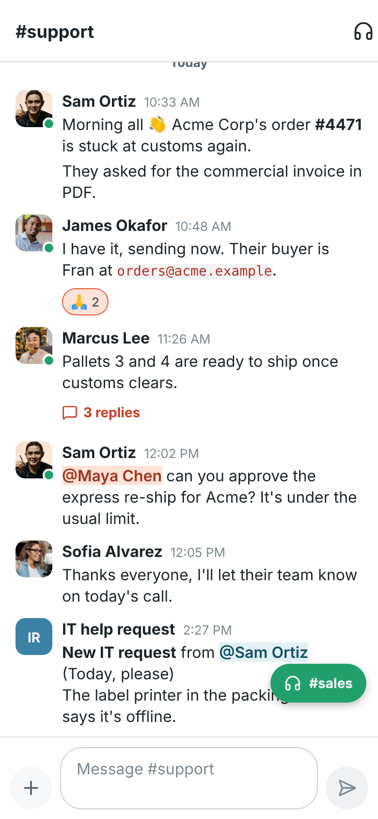 A conversation with the green #sales bubble that returns to the huddle