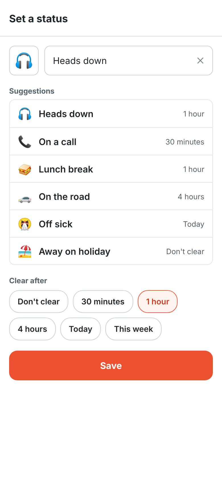 Set a status: the emoji and text box, Suggestions such as Heads down and On a call, and Clear after