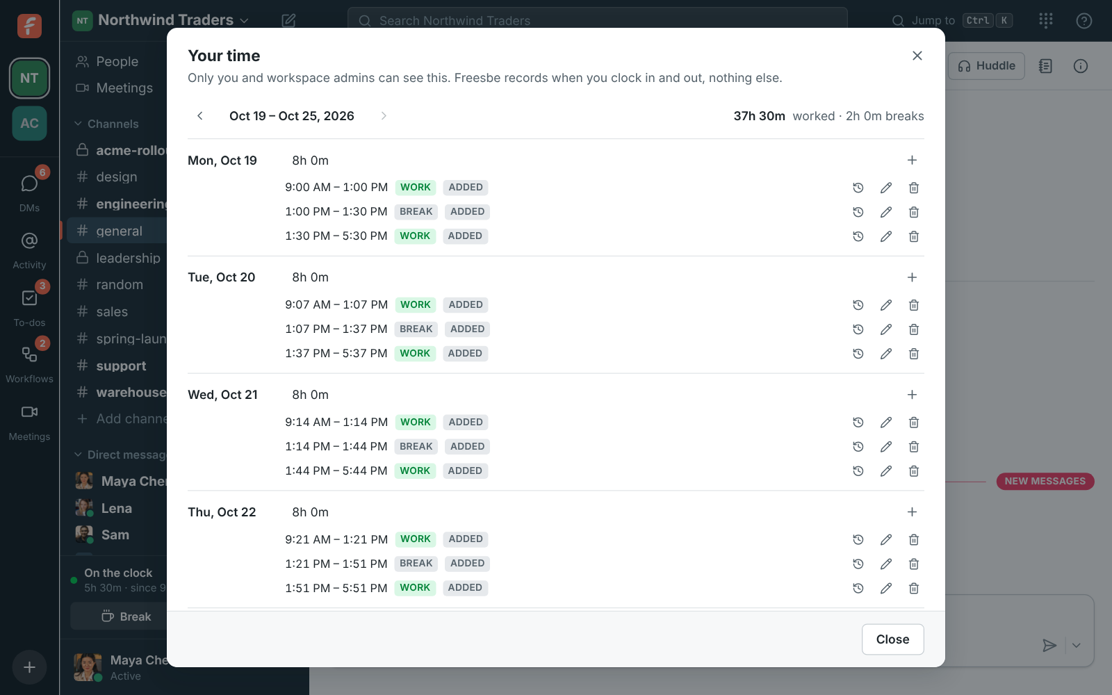 Your time: a week of work and break entries with daily totals
