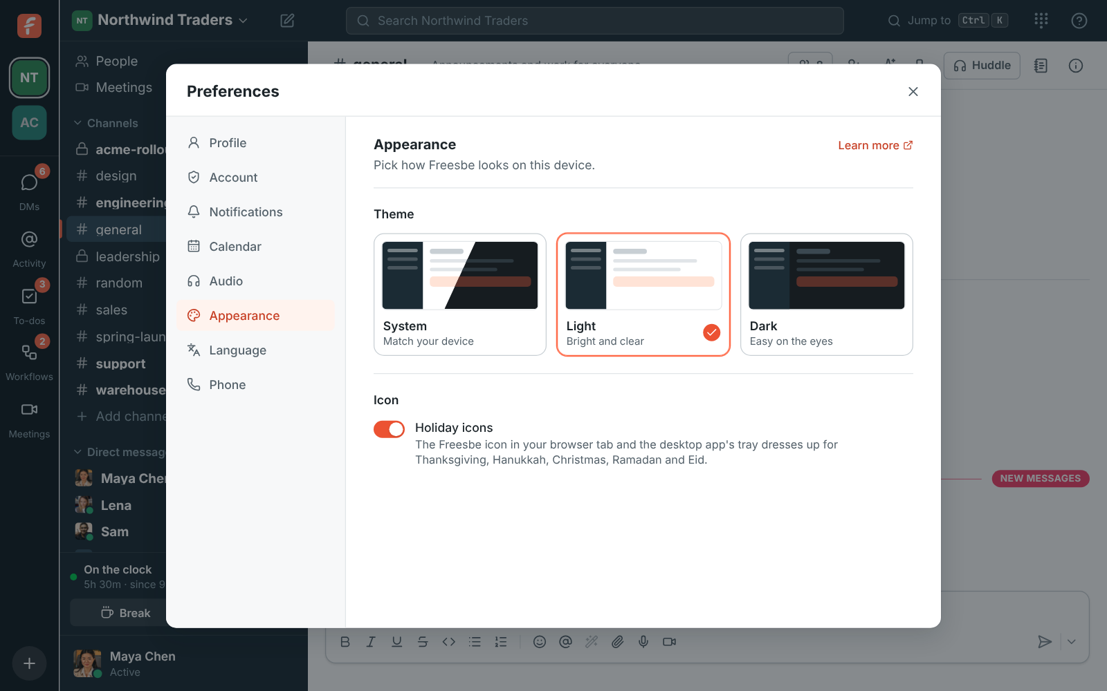 Preferences, Appearance: System, Light or Dark theme