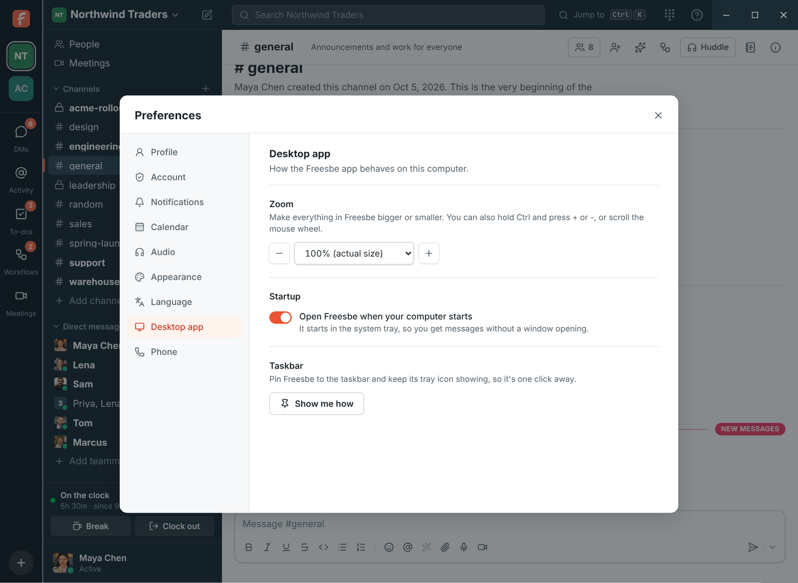 Preferences, Desktop app: Zoom, open Freesbe when your computer starts, and Show me how to pin it