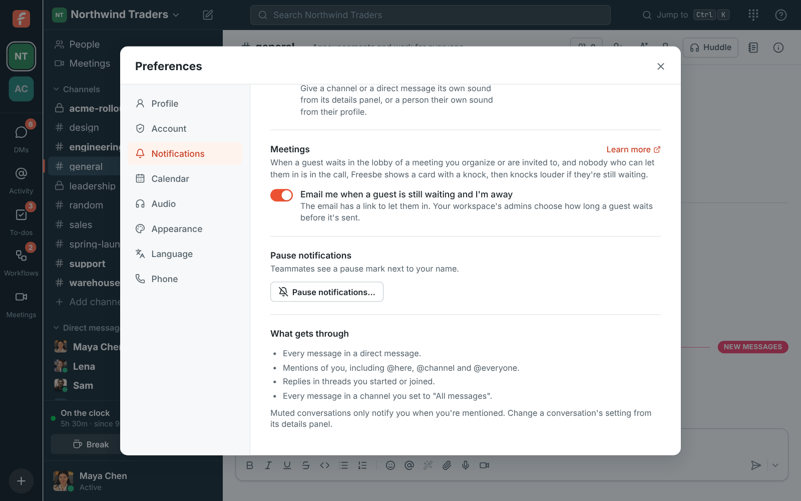 Preferences, Notifications, Meetings: Email me when a guest is still waiting and I’m away