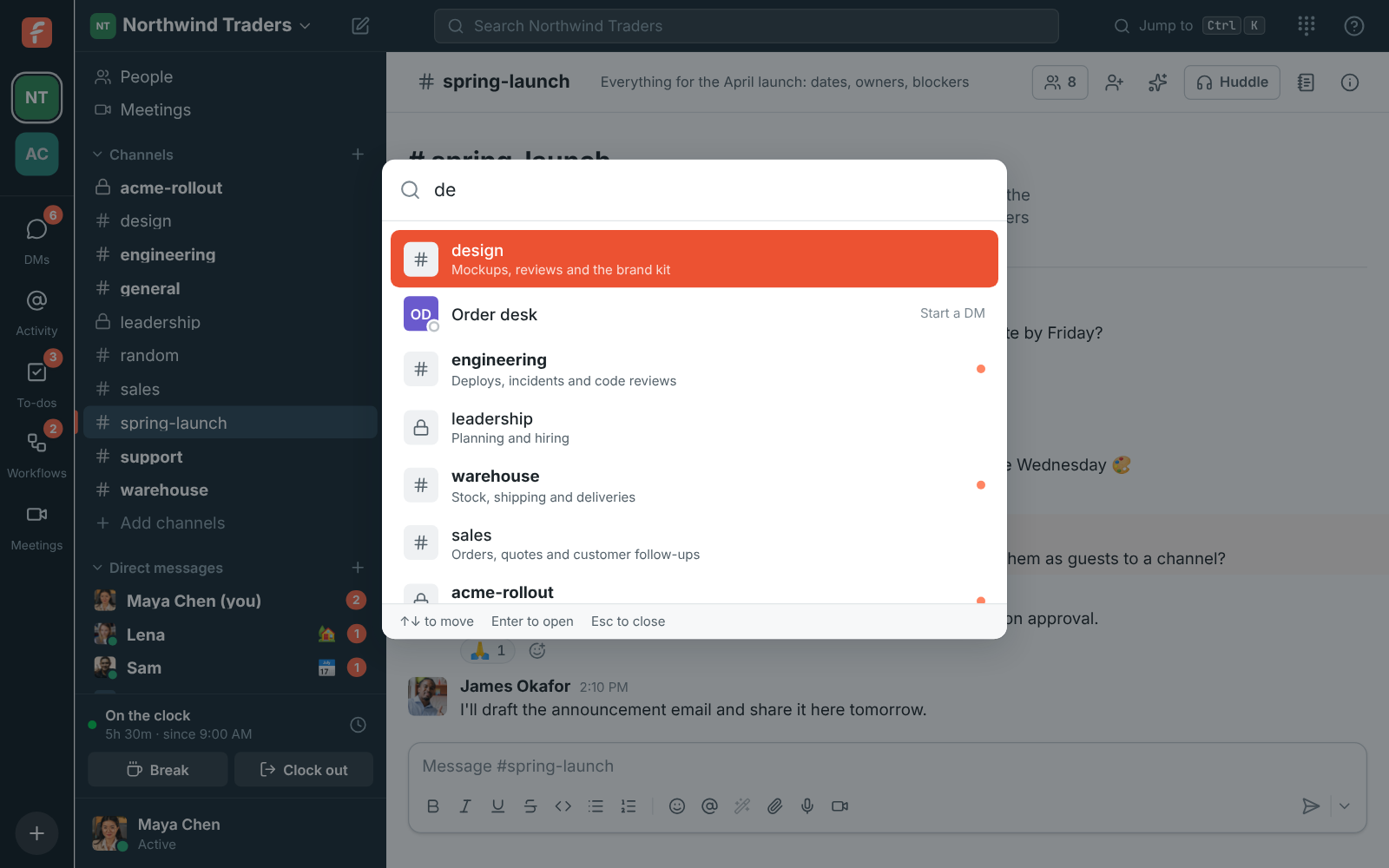 The quick switcher filtering channels and people as you type