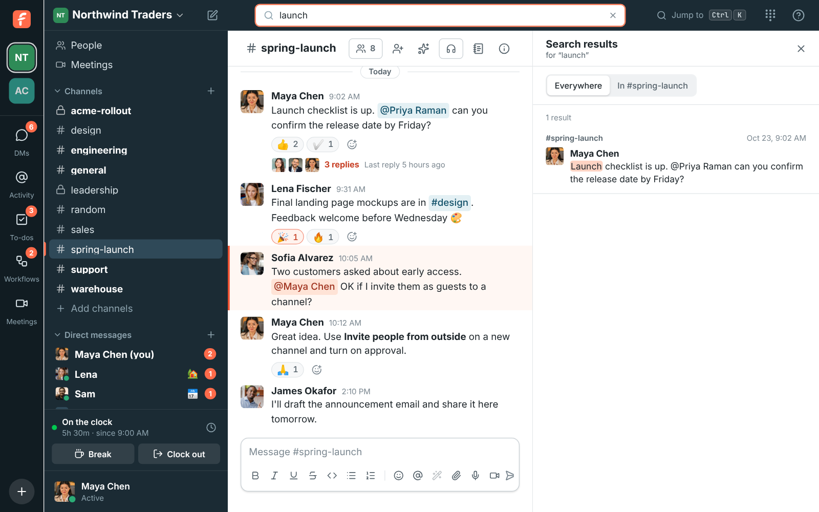 Search results for a phrase across channels and DMs