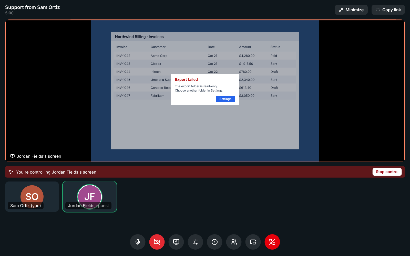 An agent controlling a customer's shared screen during a support session