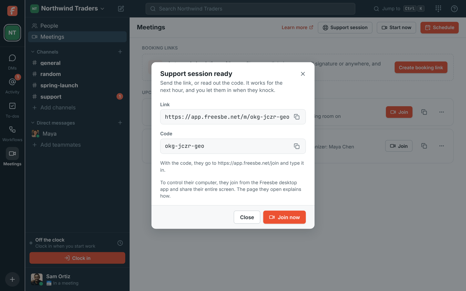 The Support session dialog with the link, the code and Join now