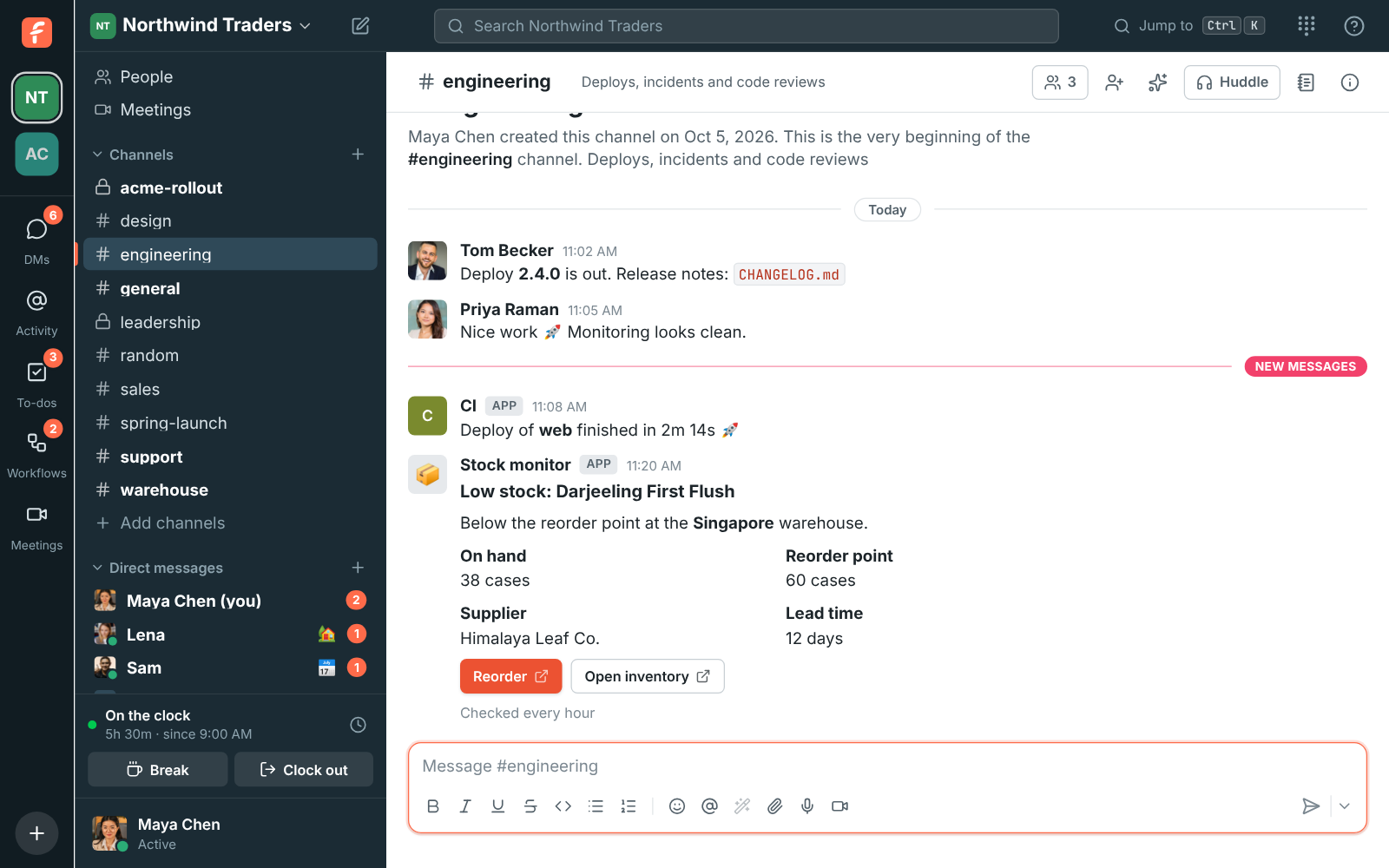 A low stock card from a webhook in #engineering, with Reorder and Open inventory buttons