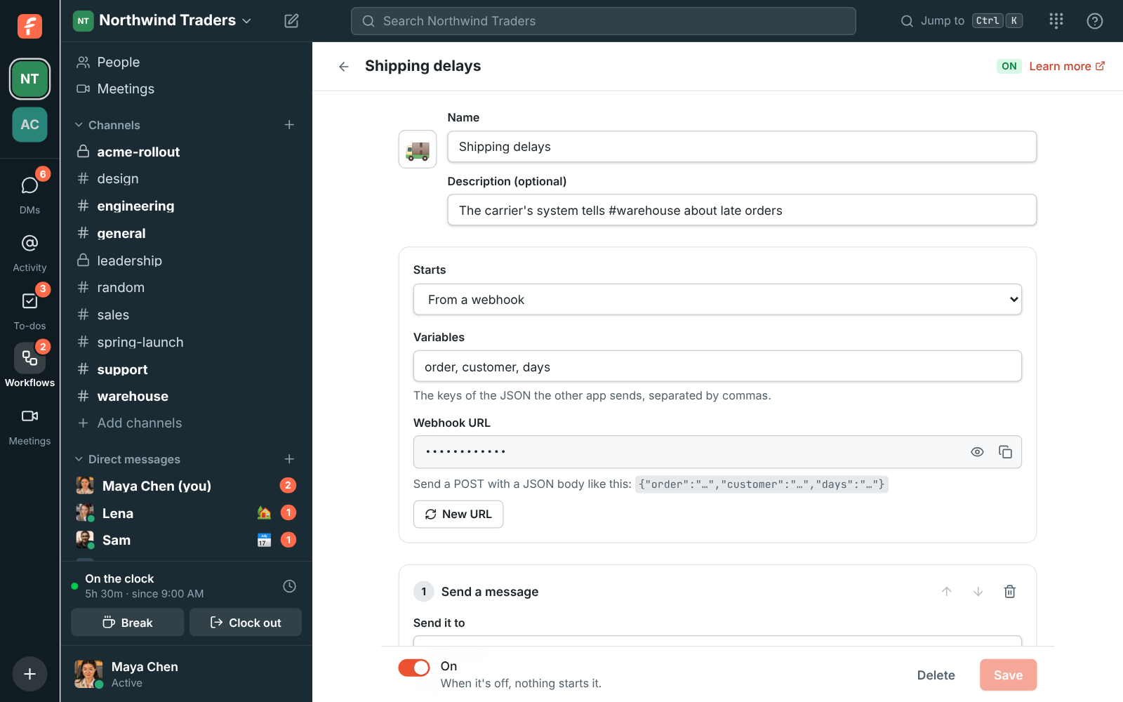 A webhook workflow with its variables and URL