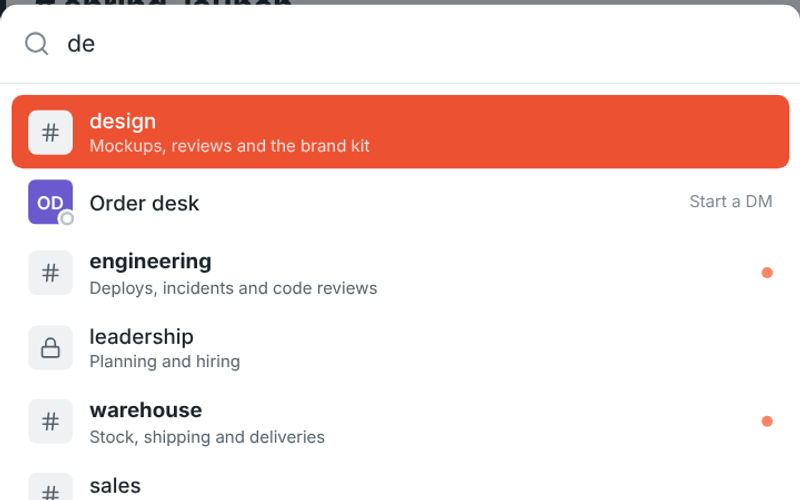 The quick switcher filtering channels as you type